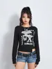 Kadın Tişörtleri Kadın Teen Girls Sevimli Vintage Grafik Baskı Üstü Üstler Uzun Kollu Rhinestone Şeritli Tees Y2K Peri Grunge Modaya Giysiler