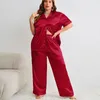 Home Kleding Solid kleur Rapel Sleepwear Zijde Imitatie Nachthoofdoorlog Half Mouw Lange broek Pyjama Tweedelige set Casual kleding voor vrouwen