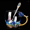 Mokken Glass Koffie Mok Tea Cup Email Crystal Flower High-Grade Handgrip Gift For Lover Wedding R2078