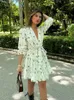 Günlük Elbiseler Chicheca Yeşil Baskı V Yastık Kemeri Çiçek Kısa Elbise Kadınlar Yaz Tatil Mini Parti Tatil Boho Sundress 2024