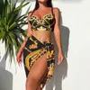 Elegant Retro Printed Bikini Three Piece Set High Waisted Sexy Swimsuit with Cover Up Skirt for Springs Beach Vacation 240411