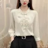 Bloups feminina camisas de estilo chinês Bordado frouxo de roupas de cetim vintage de moda de moda de meia manga