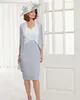 Chic grey Mother Of The Bride Dresses with wrap v neck Wedding Guest wear knee Length tiered skirt pleats Plus Size Formal mother Outfit