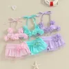 One-Pieces Baby Girl Summer Swimsuit 2 Piece Bikini Set Halter Neck 3D Flower Tie Up Tops + Elastic Waist Shorts Sheer Mesh Bathing Suit