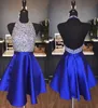 Royal Blue Satin Backless Homecoming Dresses Jewel Halter Sequins Crystal Backless Short Prom Dresses Sparkly Red Party Dresses3373107