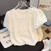 Women's T Shirts Ice Silk Knitwear White Short-sleeved T-shirt With Round Neck Crop Top French Style Hollow Out Design 2024