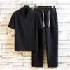 Arrival Mens Cotton and Linen Short Sleeve T-shirtAnkle Length Pant Set Solid ShirtTrousers Home Suits Male Size S-3XL 240402