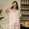 Home Clothing Turn-down Collar Loose Silk Womens Sleeping Pajama Set Casual Striped Women Lingeries With Long Pants Pink Pijama Feminino