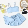 One-pièces 3PCS / Set Kids Child Solid Blue Black Black Bikini Tops Sous-pants Ruffles Jupe Girls Suite de maillot de bain Maillot de bain pour adolescents Small