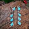 Pendientes colgantes de agua Vintage Drop de piedra azul cuerda larga para mujeres joyas bohemias tibetanas 925 aguja de plata