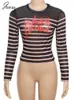 Women's T Shirts Joskaa Stripe Letter Print Mesh T-Shirts Women Sexy See Through Long Sleeve Slim Tops 2024 Summer Graphic Tees Y2K