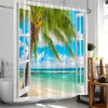 Tende per doccia Ocean Beach Island Coconut Tree Onde mare White Window Nature Scenery in tessuto in tessuto in poliestere con ganci