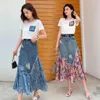 Skirts Summer High Waist Long Woman Vintage Irregular Patchwork Denim Skirt Female Streetwear A-Line Midi