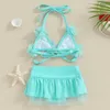 One-Pieces Baby Girl Summer Swimsuit 2 Piece Bikini Set Halter Neck 3D Flower Tie Up Tops + Elastic Waist Shorts Sheer Mesh Bathing Suit