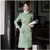 Ethnic Clothing Winter Suede Plus Veet Thickened Embroidered Fur Collar Green Cheongsam Elegant Chinese Traditional Costume Qipao Drop Dhr7M