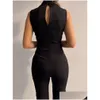 Tute da donna Rompers y Black Office Stituit Lady Lady Elegant Pocket Metal Button BodyCon Play-Suit Casual Sleeveless Lace-Up Rompe DHCA3