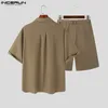 Incerun män sätter streetwear sommar solid lapel kort ärmskjorta shorts med bälte 2st koreanska mode mens kostymer s-5xl 240402