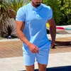 Herrespår Fashion Pure Color Cotton Linen Outfits For Men 2024 Summer Short Sleeve Button Stand Collar Tops and Shorts Mens Two Piece