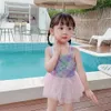 Tek parçalar 2023 Yaz Çocuk Kız Deniz Kızı Mayo 0-6 yıl Toddler Çocuk Mayo Süpürged Bodysuit Kanat Mayo