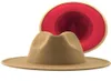 Trend Tan with Red Patchwork Plain Wool Felt Jazz Fedora Hats Men Women Wide Brim Panama Trilby Cowboy Cap for Party Q08057587818