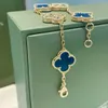 Designer 925 Sterling Silver Van Blue Agate Four Leaf Gräsarmband pläterat med 18K Gold Jade Marrow Diamond Hand smycken Hög version