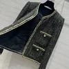 Women's Jackets Black Sparkling Sequined Woven 2024 Covered Button Soft Tweed Long Sleeve Jacket Tops