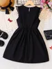 Flicka klänningar sommarflickor mode polyester spets ärmlös rund hals svart midja unik klänning