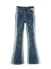 Frauen Jeans hohe Taille Schlankes Wash Waschanschläge Full Diamonds Strass gebleicht Long Denim Flare Hosen 2024 Herbst Fashion 29L3921