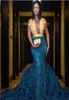 Sexy Hollow Front Sheer Neck Gold and Blue Lace Prom Gown Applique Ruffle OfftheShoulder Mermaid Long Train Formal Evening Party4975247