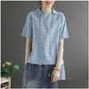 Kvinnors blusar skjortor bomullslinne för kvinnor vintage rutig kort ärm plover lös casual koreansk stil -hals blus toppar droppe delive dh6fr