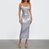 Casual Dresses Women's Fashion Bodycon Long Dress Solid Color Metallic Sleeveless Cami Summer Ladies Backless Sexy Elegant Party