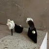 Slippers French Pointed Satin Pearl High Heels Women's Fine Celebrity Banquet White Rose Headed Back Air Sandals