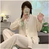 Womens Sleepwear Duojihui Ins Sweet Two Piece Casual Home Pajamas For Women Female Spring Chicly Button Cardigan Simple Pant Fashion D Otmfh