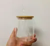 sublimación de 16 oz de vidrio lata de vidrio con tapa de bambú latas de cerveza de paja reutilizables tazas de bebida de refrescos esbeltos transparentes WL1568356