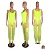 Dostyki damskie Anjamanor y Dwuczęściowy zestaw bodysuit top i siatkowe spodnie Neon Pink Green Summer 2 Stroje klubowe Zestawy D59-AB72 Dhcey