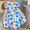 Robes de fille robes de fille vêtements pour enfants ciel doux ciel bleu robe princesse estivale lacée à manches courtes rond imprime florale fille pour enfants c240413