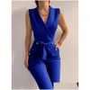 Tute da donna Rompers y Black Office Stituit Lady Lady Elegant Pocket Metal Button BodyCon Play-Suit Casual Sleeveless Lace-Up Rompe DHCA3