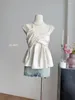 Blouses pour femmes de haute qualité Simple Slash Crop top Spring Summer Summer Elegant Office Lady Casual Solid Shirts Streetwear coréen