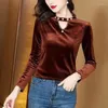 Women's T Shirts Autumn Winter Women Stylish Sexy Hollow Beaded Chic Gold Velvet Shirt Solid Long Sleeve Slim Elegant Basic Tops Ropa De