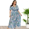 Feestjurken 4xl 5xl Casual bloem afdrukken Wikkel Sleuf Asymmetrische maxi-jurk vrouwen hoge taille veter-seksuele v-hals korte mouw zomer