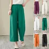 Women's Pants Women White Cotton Linen Summer High Waist Cropped Wide Leg 2024 Elastic Straight Trousers Casual Pantalones