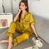 Ev Giyim Yaz Vintage Buz İpek Pijama Setleri 2 PCS Kısa Kollu Serin Pijama Takım Hardigan Nightwear Elastik Bel Tam Pantolon