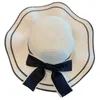 Berets Handmade Straw Hat Elegant Ribbon Bow Decorated Sun For Women Party Simple Beach Lady Knitted