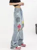 Jeans pour femmes femmes harajuku style européen streetwear streetwear peinture d'été éclaboussure tout-correspondant lavage large de pantalon denim de jambe