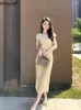 Casual Dresses French High End Light Luxury Yellow Round Neck Sleeveless Vintage Dress Summer Elegant Waist Slim Long For Women