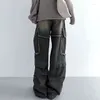 女性のジーンズBiikpiik Streetwear Burrs Pockets washed for Women Vintageデザインの貨物パンツオールマッチボトムストレートズボン