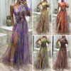 Casual Dresses Formal Evening Dress Tie-Dye klänning Elegant One Shoulder Ball med Mesh Bubble Sleeves Split Hem Women's