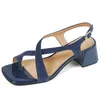 Dress Shoes Insicre 2024 Arrivals Sheep Suede Summer Dark Blue Square Toe Woman Sandals Thick Mid Heels Buckle Footwear Daily