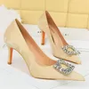 Dress Shoes Women 7.5cm High Heels Fetish Crystal Buckle Pumps Lady Wedding Retro Casual Middle Low Green Nightclub Prom Evening