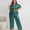 Home Kleding Solid kleur Rapel Sleepwear Zijde Imitatie Nachthoofdoorlog Half Mouw Lange broek Pyjama Tweedelige set Casual kleding voor vrouwen